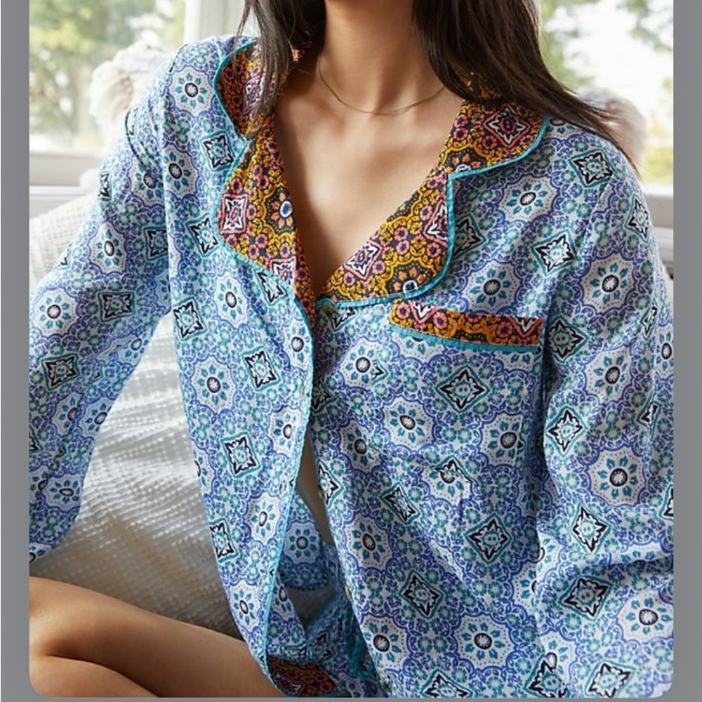 Anthropologie Blue Forest Fable Pajama Top, Button Down Long Sleeve, Medium